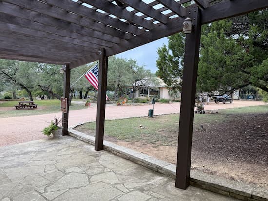 Covered walkway from the parking lot at Driftwood Estate Winery.