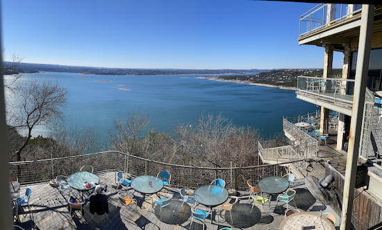 The Oasis patio and Lake Travis.