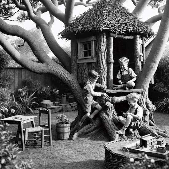 Three boys in their backyard treehouse
